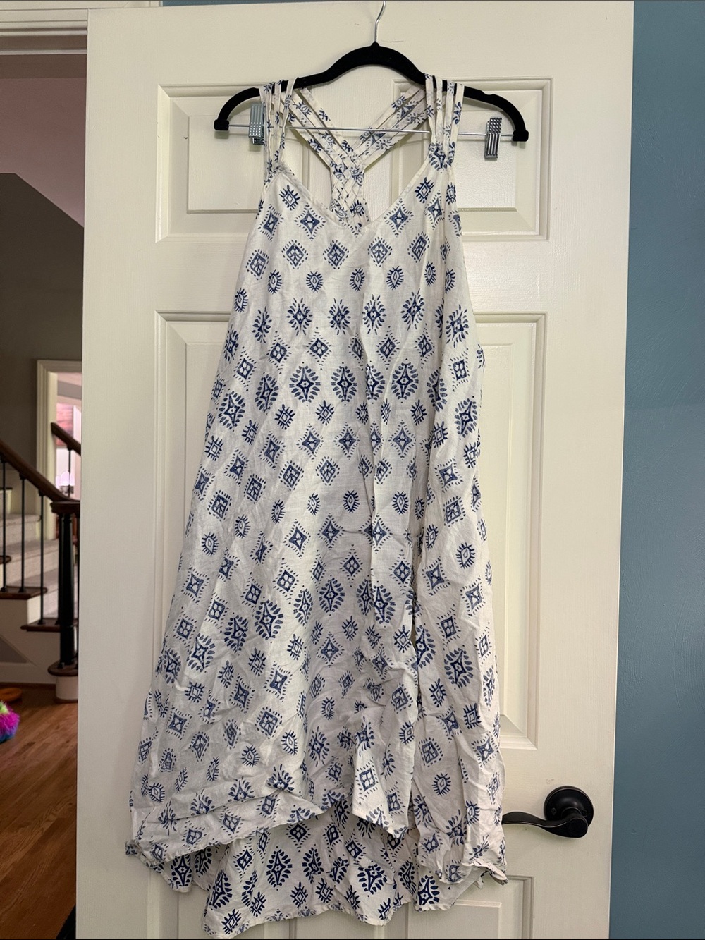 Artisan Ny White Dress with Blue Geometric Print